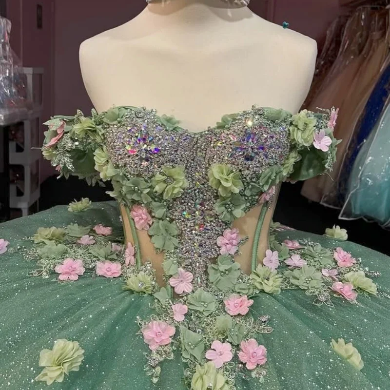 

Shiny mint green Shoulder Quinceanera Dress Lace glitter decal Tull layering 3D flower vestidos de 15 Quinceanera ﻿Customized