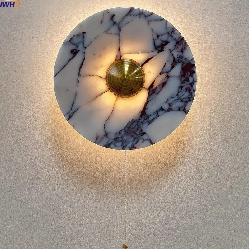 

IWHD Pull Chain Switch LED Wall Lights Indoor Luxury Living Room Bulgari Stone Modern Nordic Bedroom Bedside Lamp Aplique Pared