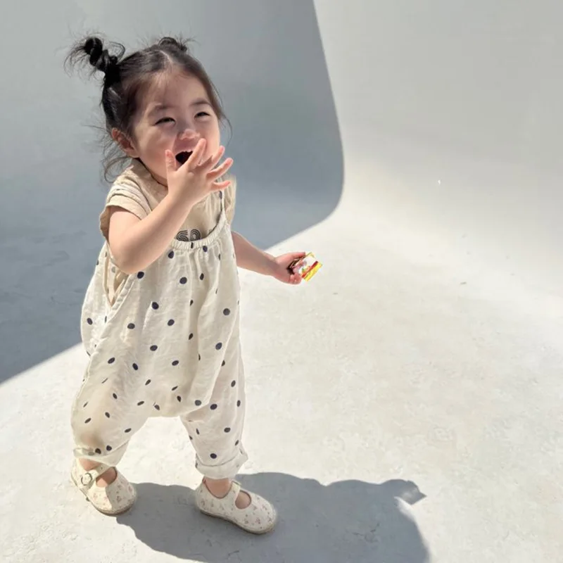 2025 Summer New Girls Loose Overalls Versatile Kids Sling Trouser Baby Dot Print Jumpsuit Toddler Casual Pants Children Clothes