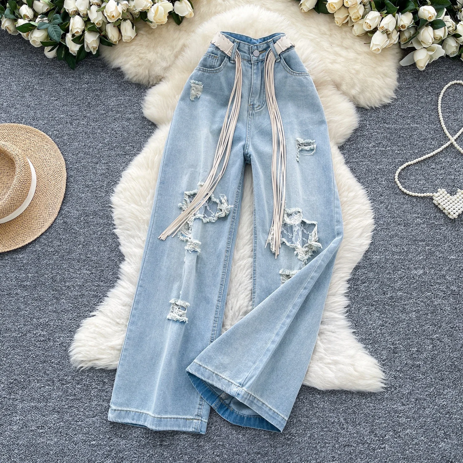 

Light Blue Ripped Lace Jeans For Women 2026 New Korean Style Fashion High Waisted Loose Casual Pants Elegant Commute Trousers