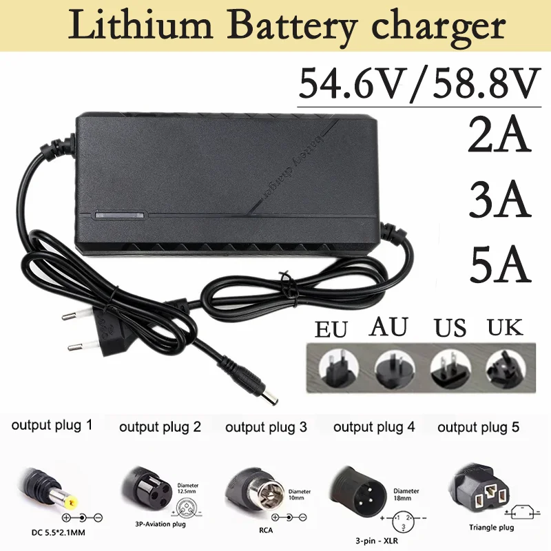 

48V 52V 2A 3A 5A Lithium Ion Charger 13S 14S 54.6V 58.8V 21700 Electric Bicycle Scooter Battery Charging 5A Fast Smart Charger