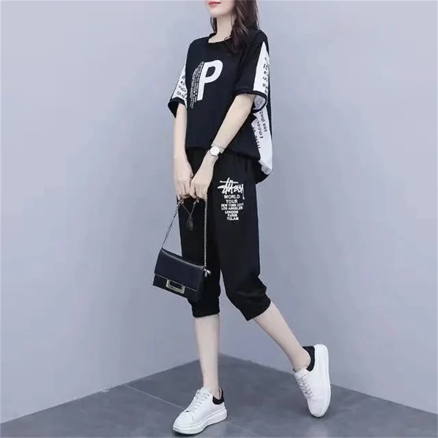 M-6XL Tracksuits Women Print Short Sleeve T-shirts and Pants Suits Casual Fashion Sport Set Elastic Waist Two Piece Sets