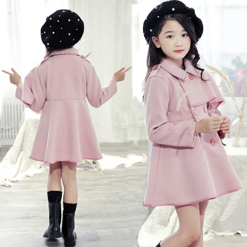 Girls Warm Woolen Coat Winter Thicken Outerwear Girl Woolen Jacket Kids Ruffle Sleeves Long Overcoat Autumn Fashion Girl Jackets