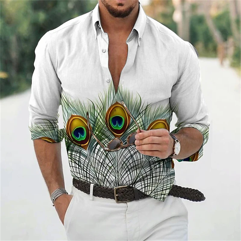 

2026 New Men's Long Sleeve Shirt Colorful Peacock Feather Printing Men's Lapel Shirt Tops Single Button Elegant Fall Clothing