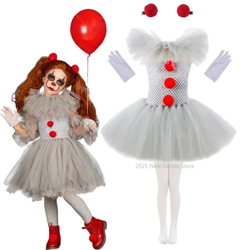 

Halloween Pennywise Girl Gray Scary Joker Cosplay Tulle Clothes Outfit Fancy Tutu Dress Carnival Masquerade Party Costume R