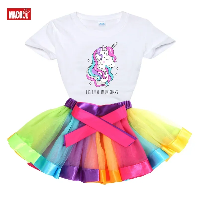 Spódnica dziecięca letnie ubrania dla dziewczynek jednorożec T Shirt + spódnica Tutu dziecięcy strój sportowy dres dla dziewczynek jednorożec zestawy odzieżowe 2-8 lat