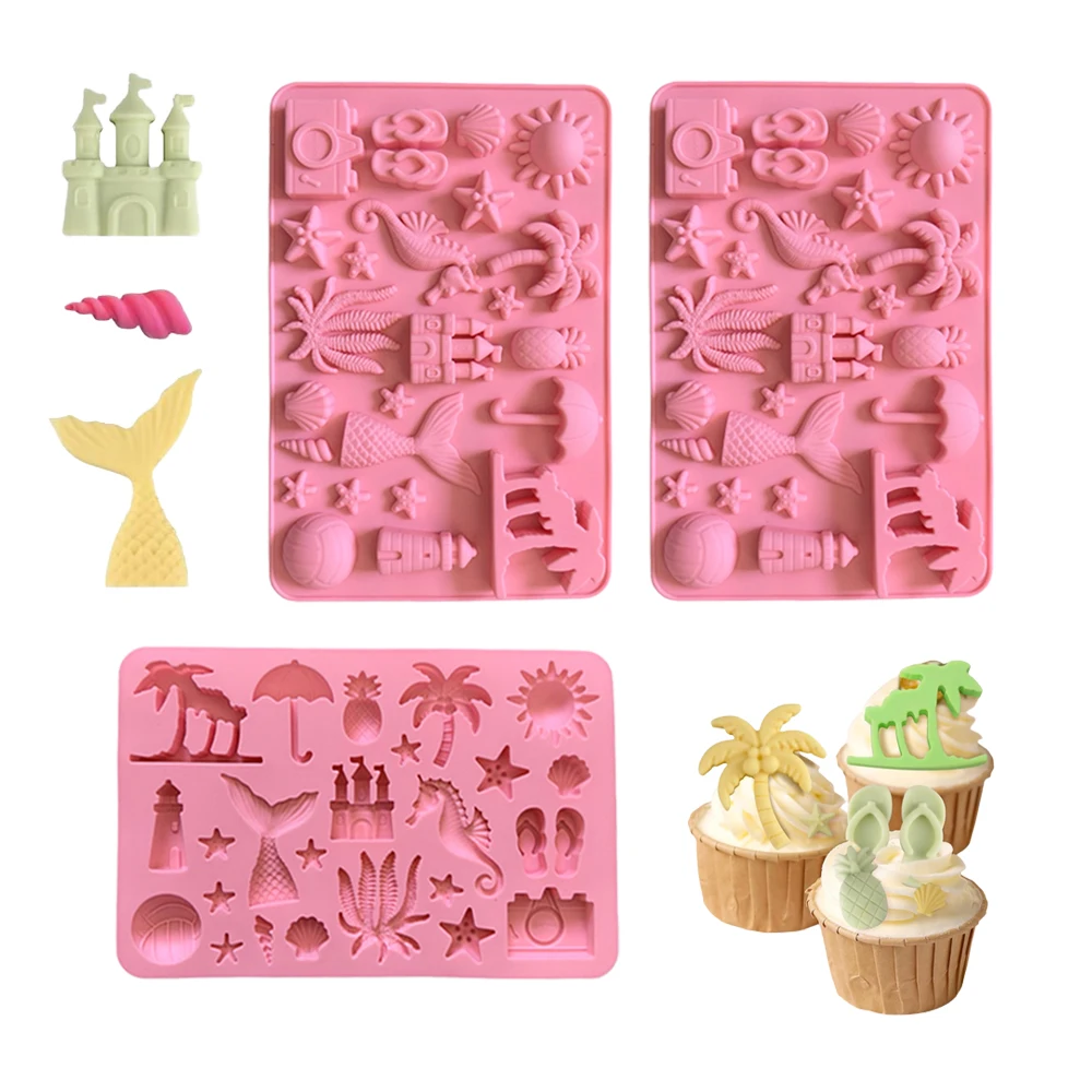 3pcs Summer Beach Themed Silicone Molds, Suitable for Chocolate, Coconut Tree, Starfish, Shell, Lighthouse, Pineapple Shaped