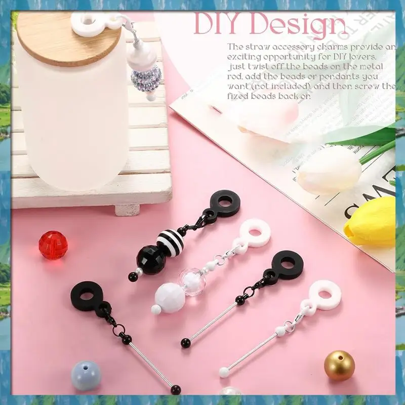 AB07 ร้อน 6 ชิ้น Beadable Tumbler Straw Charms Black & White, DIY Beaded Straw Charm อะแดปเตอร์สําหรับ Custom ถ้วย