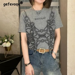 Womens Clothing 2023 Summer Trendy Lace Graphic Printed Streetwear Y2K T-shirts Female Casual O Neck Short Sleeve Tees Chic Top