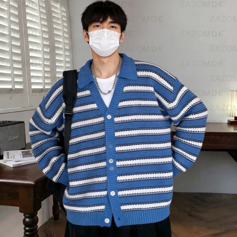 

ZAZOMDE Premium Soft Blend Blue Striped Mens Cardigan Sweater Long Sleeve Comfort Fit Knitwear For Casual Autumn Winter Wear
