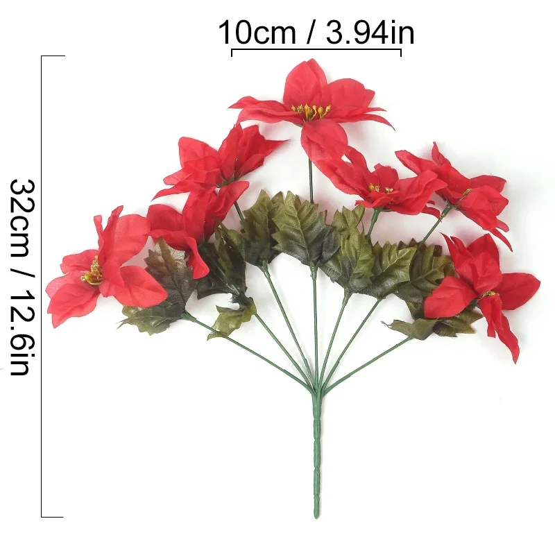 1PC 7 Heads Artificial Poinsettia Bushes White Red Silk Fake Flower Simulation Christmas Flower Bouquet For Wedding Party Decor