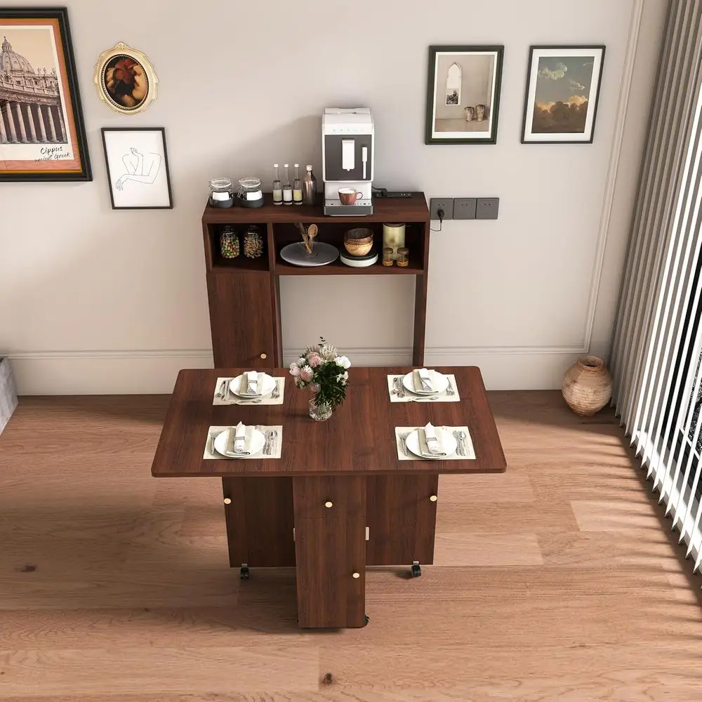 

Настенный обеденный стол-буфет с местом для хранения вещей, деревянный кухонный остров, розетка и колеса, компактный, простая сборка, орех