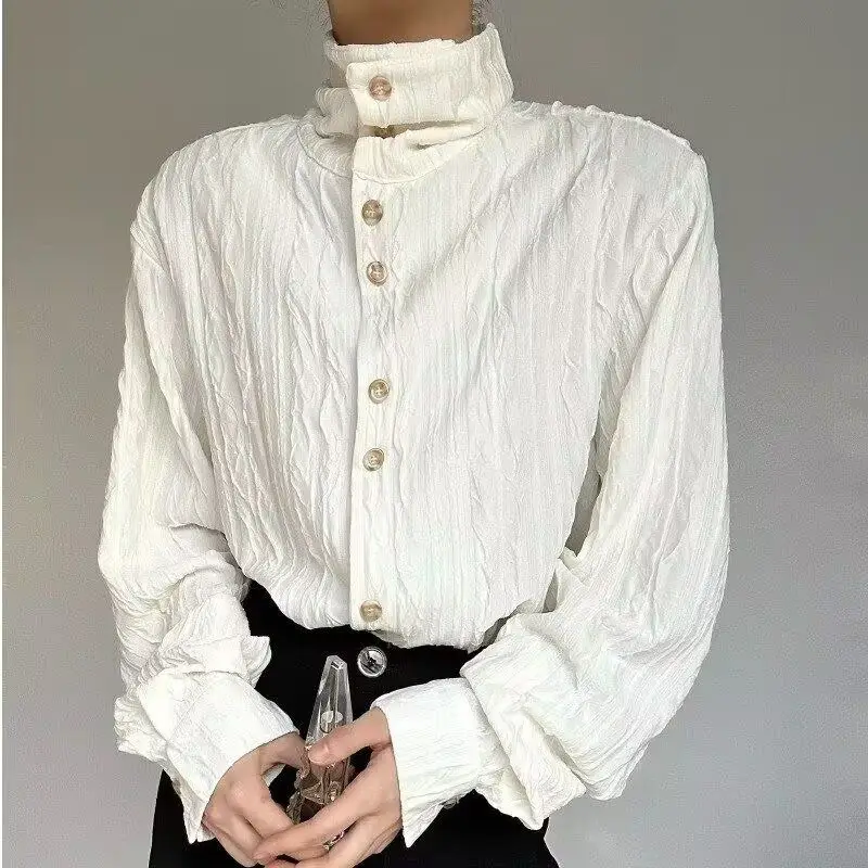 

High-End Loose Long Sleeve High Collar Base Shirt Men's Textured Stand Collar Chinese Style Long Shirt Autumn Winter Japanese...