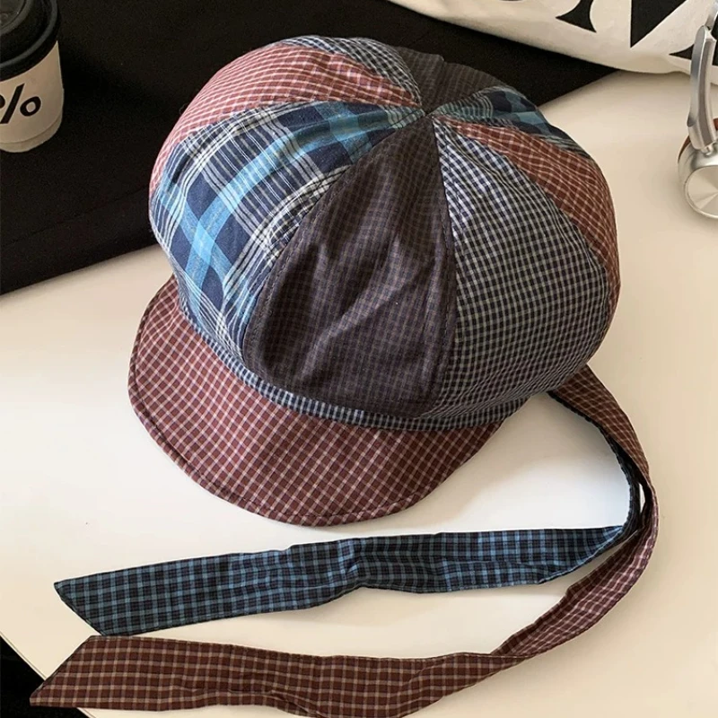 Niche Retro Karierte Spleiß-Achteck-Baskenmützen für Damen, Sommer- und Herbst-Kappen mit weicher Krempe, künstlerischem Riemen und Maler-Newsboy-Stil – Detail 3