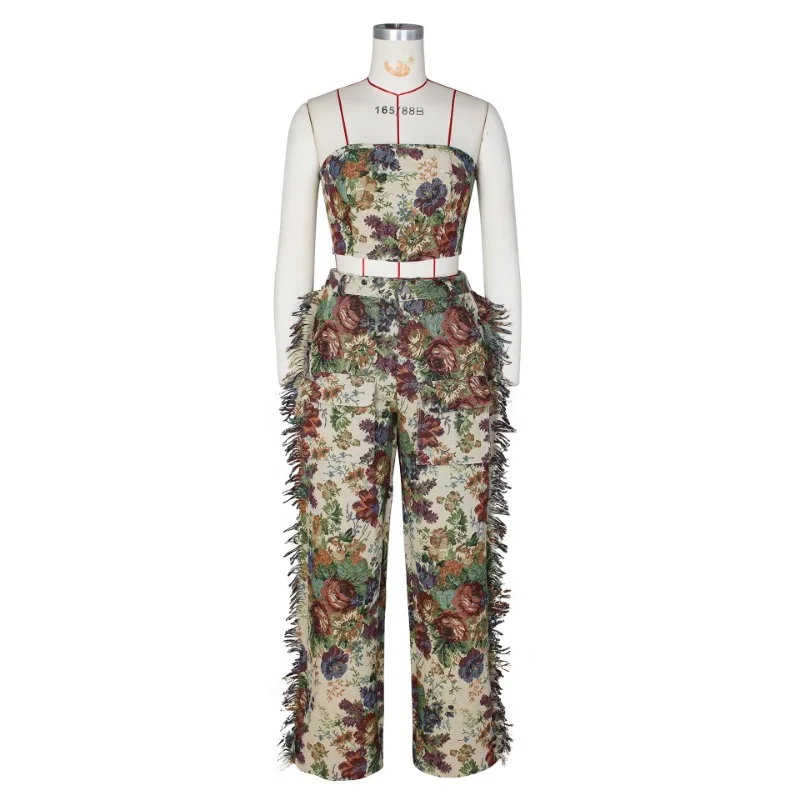 Floral Jacquard Women 2 Piece Set Adjustable Lace Up Back Strapless Crop Tops + Elastic Waist Pockets Tassel Cargo Pants Suits