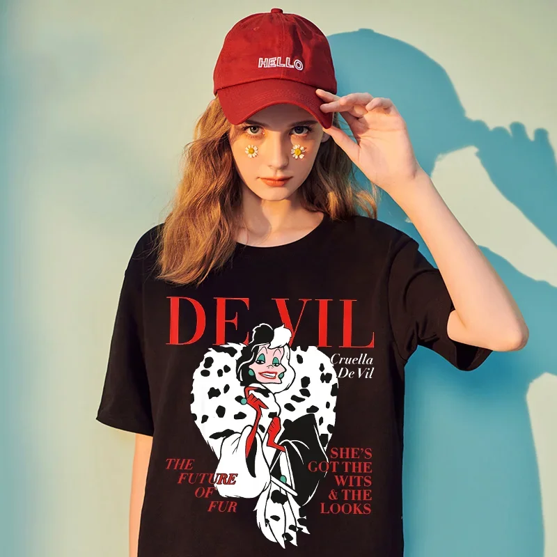 Disney Fashion Black and White Witch Demon Cartoon Cuira Cruella Printed T-shirt Women Short Sleeve O-neck Streetwear Tees Top