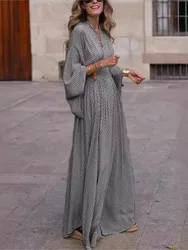 Vestido casual boho vintage feminino, moda primavera outono, decote em v, manga lantem, cintura dobrada, vestidos de streetwear maxi soltos para mulheres