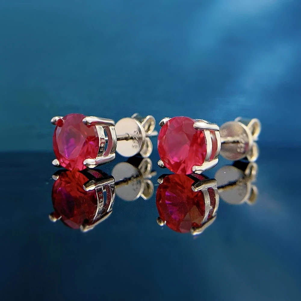 Vinregem 18K White Gold 6.5MM 1CT Round Simulates Ruby Gemstone Stud Earrings Vintage 925 Sterling Silver Jewelry Drop Shipping