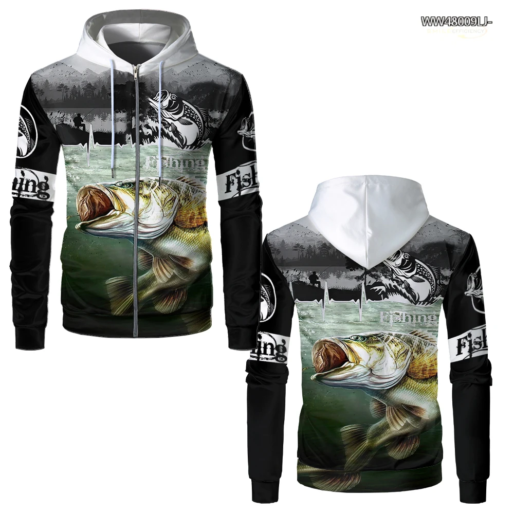 2024 New Fishing Style Funny Men Zip Up Hoodies Bass Marlin 3D Print Fashion Pullover Hoodies Tiki Y2K Fish Harajuku Hoodie Men