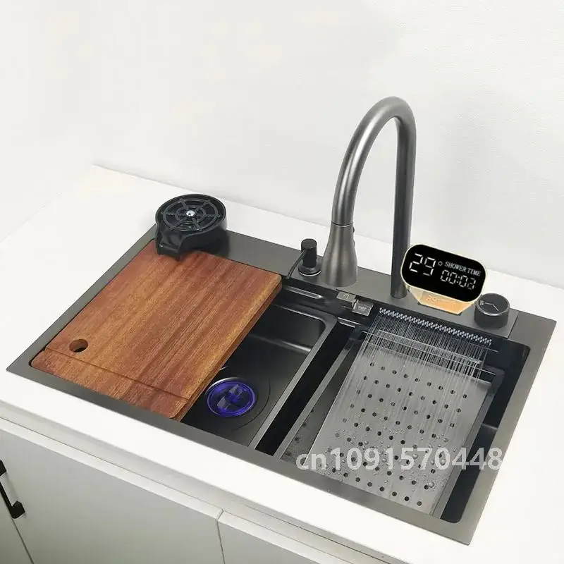 Waterfall Sink Kitchen Stainless Steel Topmount  Nano Sink with  chopping board LED display Waterfall Faucet Wash Basin