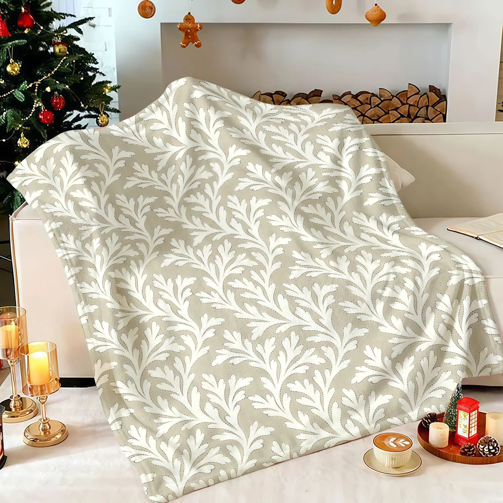 Beige Botanical Fern Flannel Blanket Soft Fuzzy Plush Cozy Warm Throw for Sofa Bed Couch Home Decor Gifts