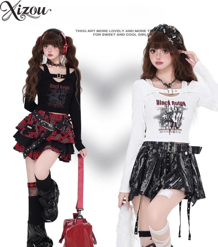 

2025 Spring Autumn Women American Shirt Y2K Spicy Girl Tops Fake Two-Piece Star Print V-Neck Long Sleeve Street Hip-Hop T-shirts