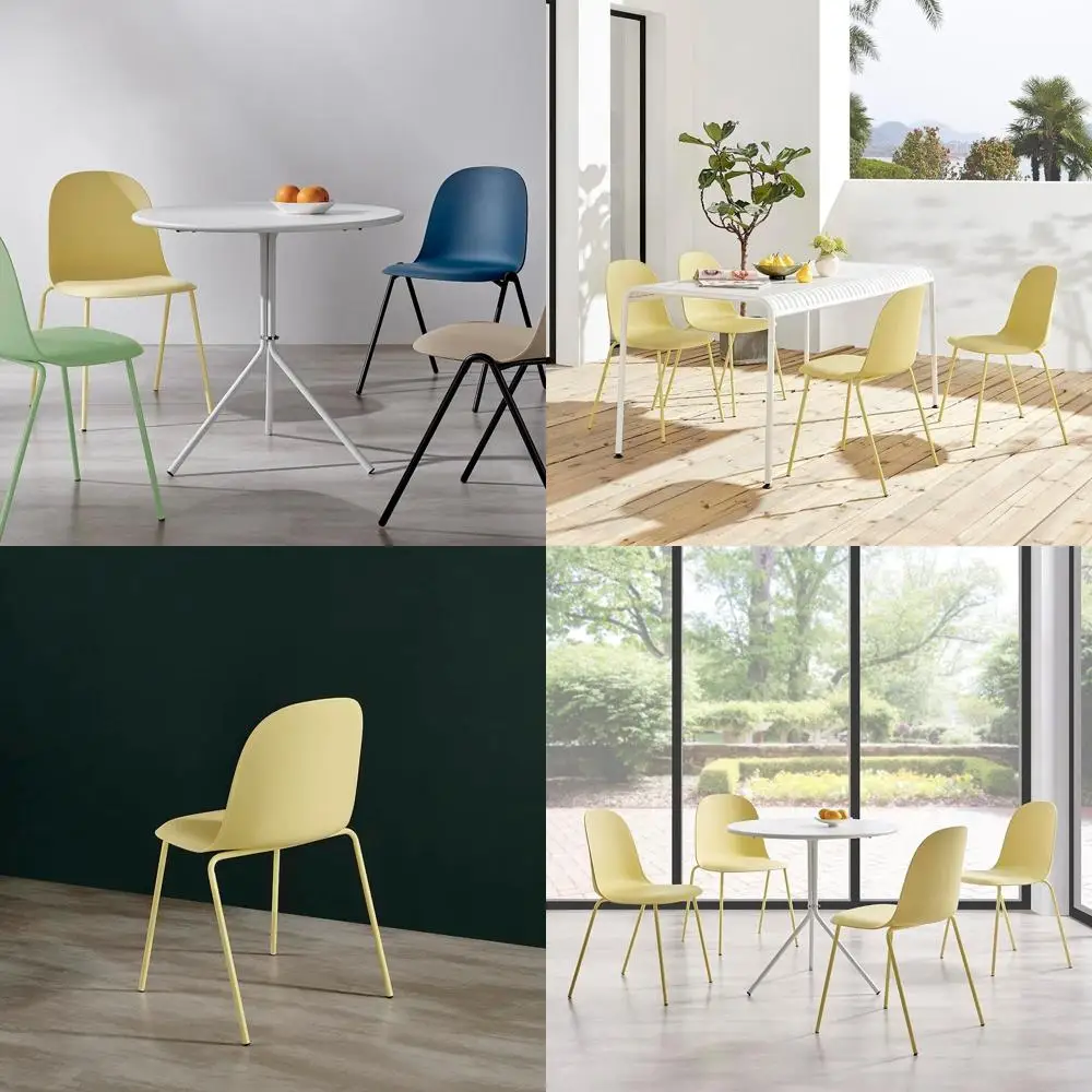 

Штабелируемые минималистичные пластиковые обеденные стулья с металлическими ножками, простая сборка, идеально подходят для использования в помещении и на открытом воздухе, набор из 4 легких желтых стульев