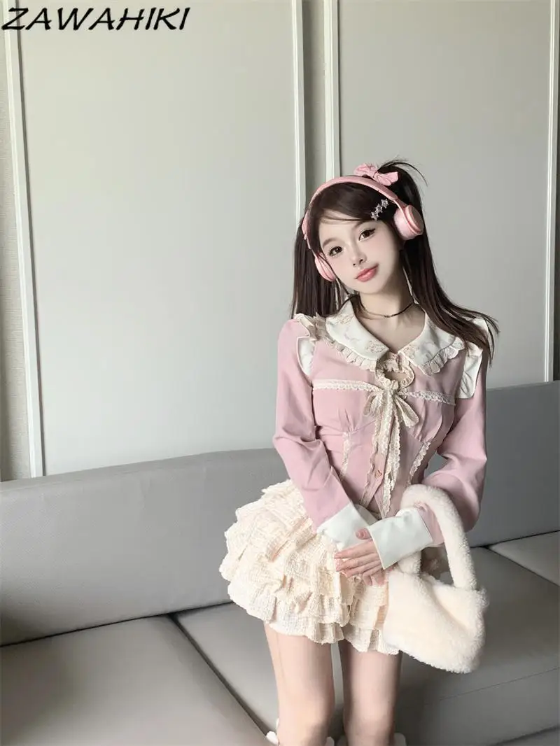 Sweet Two Piece Set Women Pink Peter Pan Collar Contrast Color Lace Top Female + Solid Patchwork Pleated Tierred Y2K Short Skirt