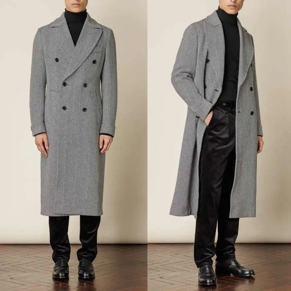 

Casual Men's Double Breasted Herringbone Wool Blend Long Trench Coat Autumn Winter Business Occasion Customized