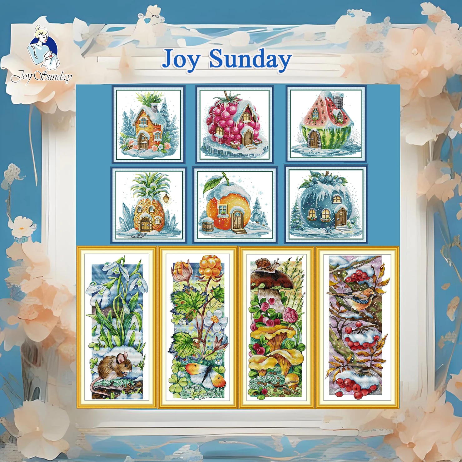 

Joy Sunday Pre-printed Cross Stitch Kit Easy Pattern Aida Stamped Fabric Embroidery Set-Four Seasons in The Forest+cottage