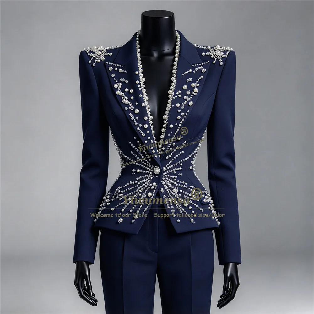 Pink Women Suit Set 2 Piece Pearls Blazer+Trousers Luxury Formal Office Lady Jacket Customized Prom Wedding Guest Mother Outfits - view 3