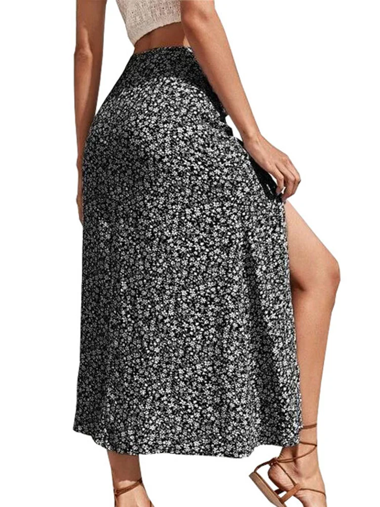 Saia Midi Feminina Linha A de Poliéster Estampada Longa Dividida Alta, Bodycon Feminino, Elástico, Moda Vintage, Verão, Senhora do Escritório