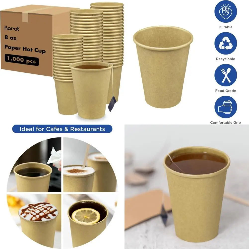 

Disposable 8oz Kraft Paper Coffee Cups, Leak-Resistant Double Poly-Lined, 1000 Count for Cafes and Offices