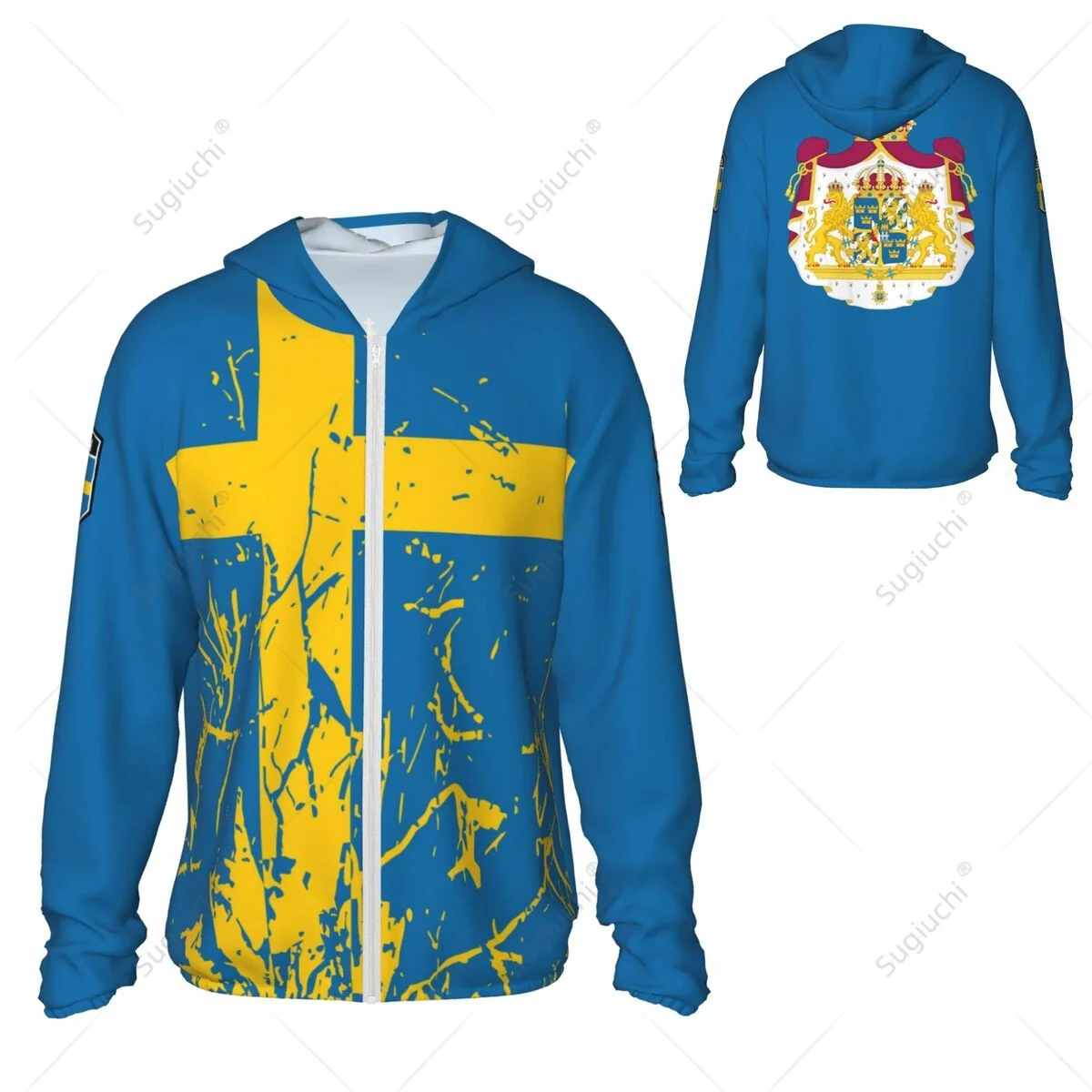 Bandeira sueca Sun Protection Hoodie, Roupas de protetor solar, Pesca, Ciclismo, Corrida, Secagem rápida, Manga comprida com zíper, Poliéster