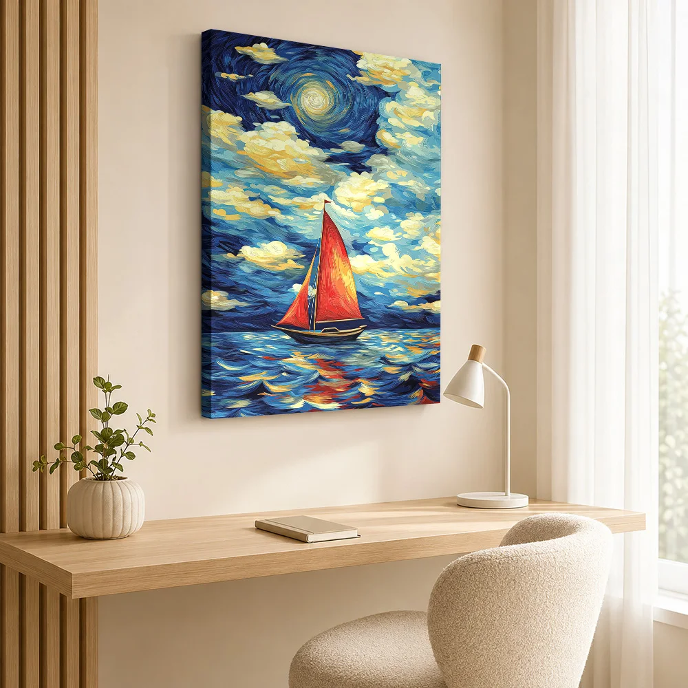Sailboat Under a Swirling Sky Framed Canvas Print Poster Customized Photo Modern Aesthetic Wall Paintings Decoration for Office