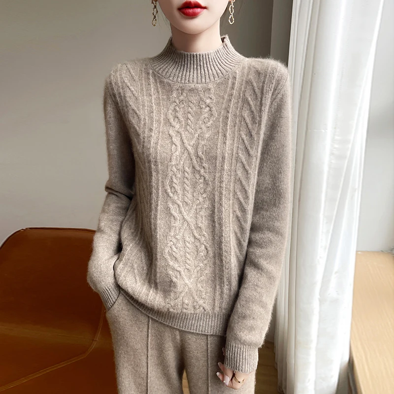 

Осень-зима, двойная утолщенная полуводолазка, вязаный свитер из 100% чистой шерсти для женщин, повседневный универсальный вязаный пуловер, топ