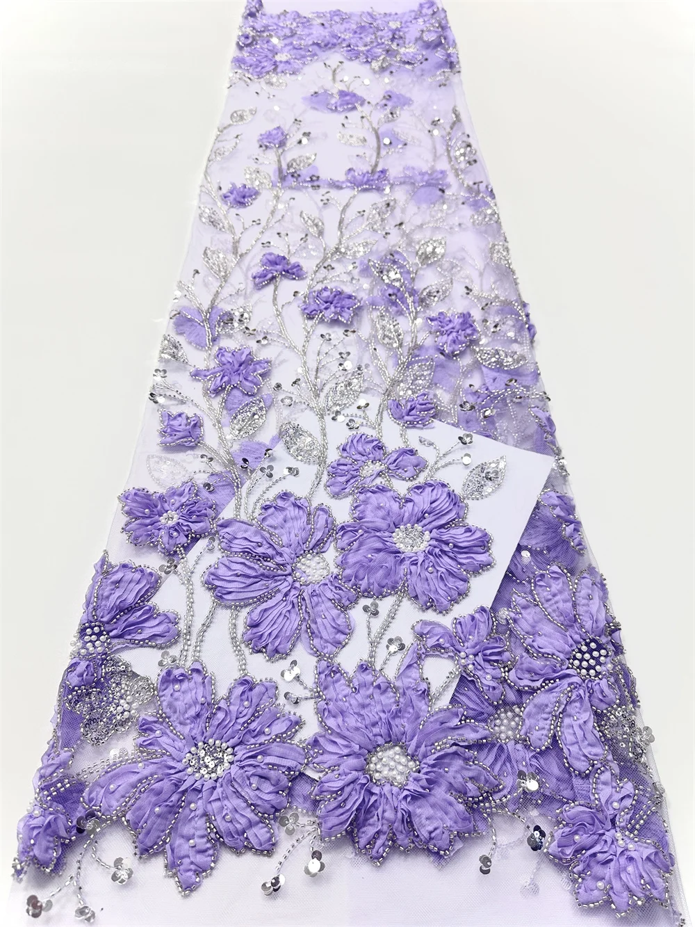 Luxury French Mesh 3d Beaded Lace Fabric 2025 High Quality African Sequins Chiffon Lace Fabrics For Nigerian Wedding Dress Sew