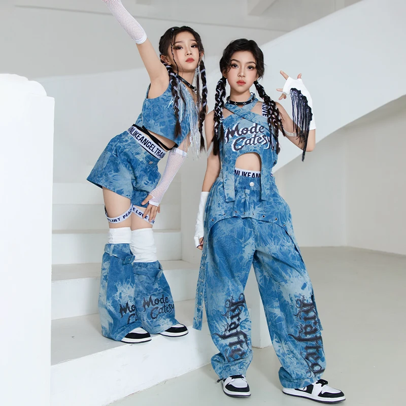 2025 Kpop bleu Jazz danse vêtements filles enfants Hip Hop Performance Costume mode défilé Concert scène vêtements été BL15522