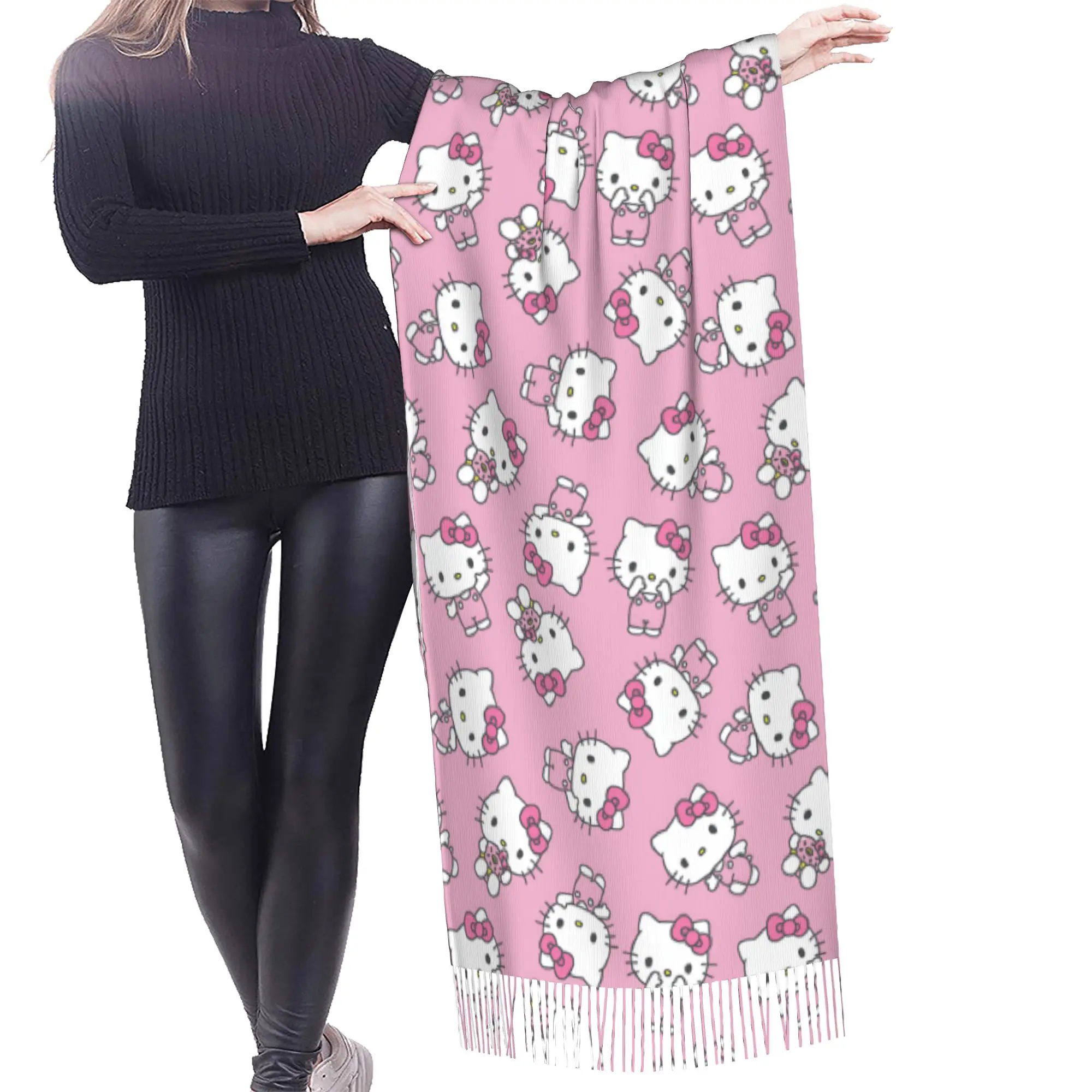 Custom Kitten Cat Cartoon Tassel Scarf Women Soft Anime Shawls Wraps Ladies Winter Scarves