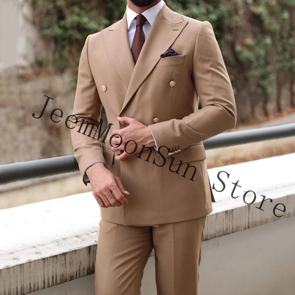 Khaki Double Breasted Male Suits Slim Fit 2 Pieces Best Men Suits Male Tuxedos For Wedding Groom Wear Blazer Pants Costume Homme