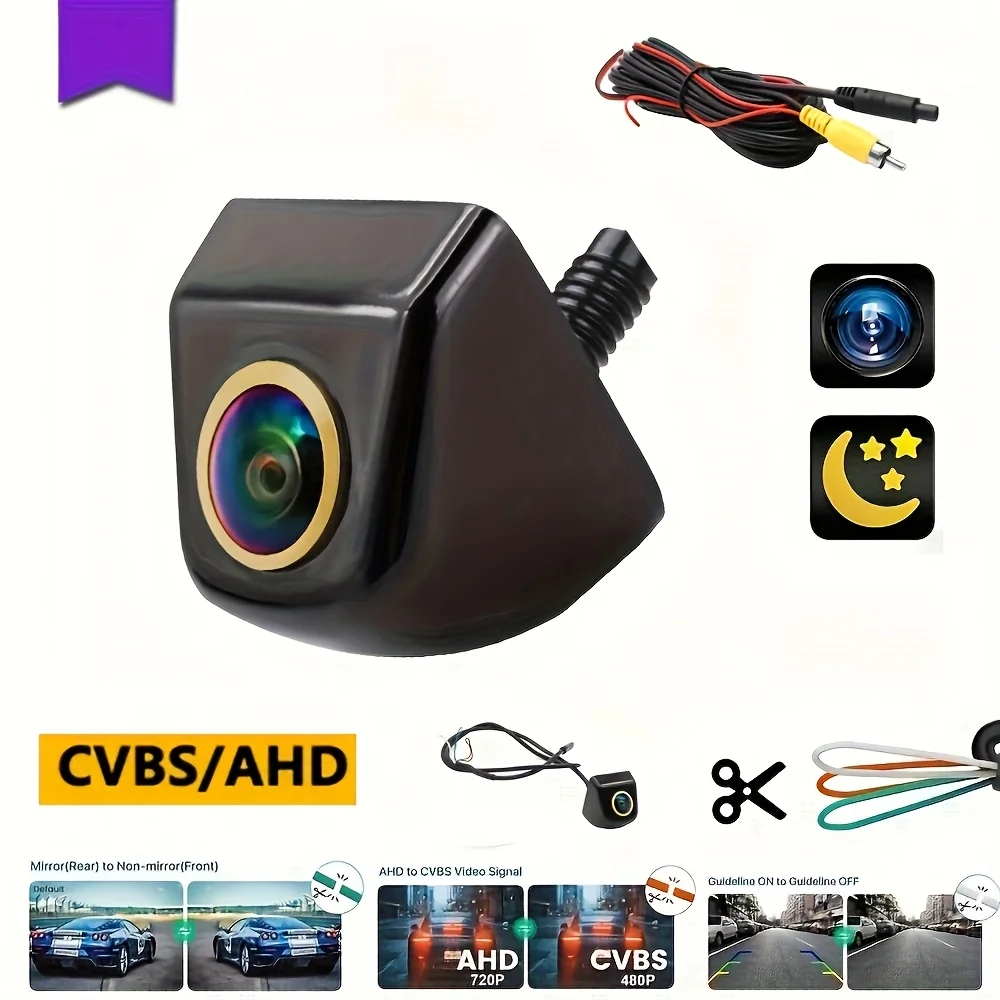 1080P AHD/CVBS Switchable Hardwired Backup Camera with Night Vision, Fisheye Lens & Parking Guidelines - 4-Pin Plug