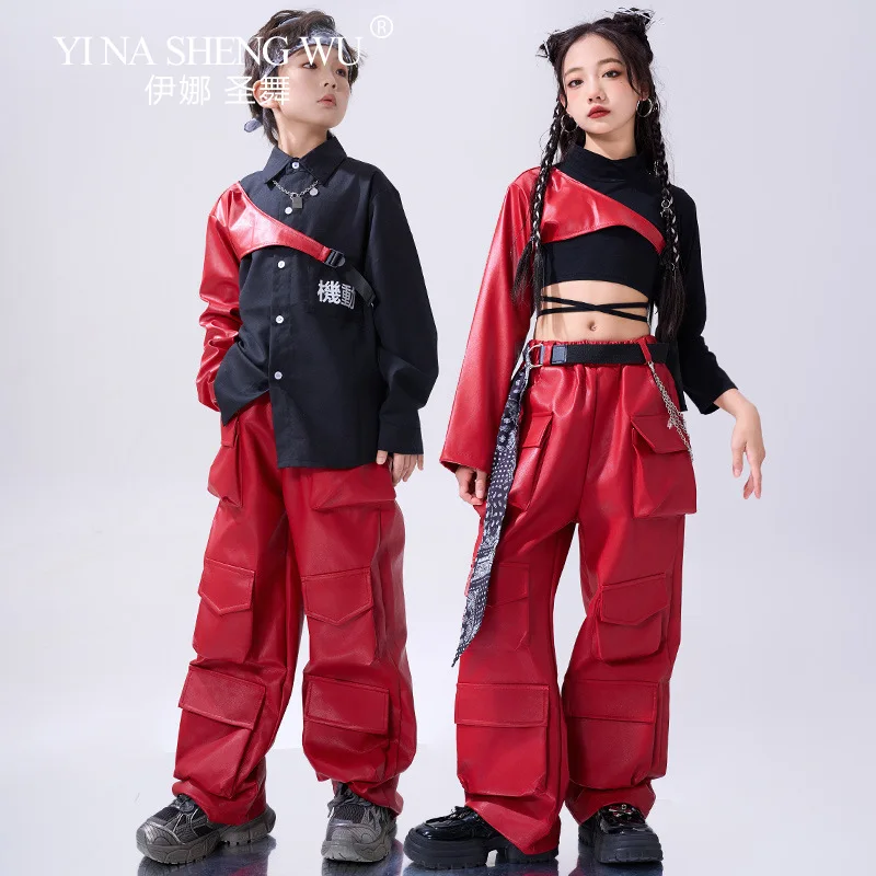 Trajes de jazz infantil meninos e meninas hip-hop na moda dança de rua vermelho-preto terno crianças moda k-pop palco desempenho traje
