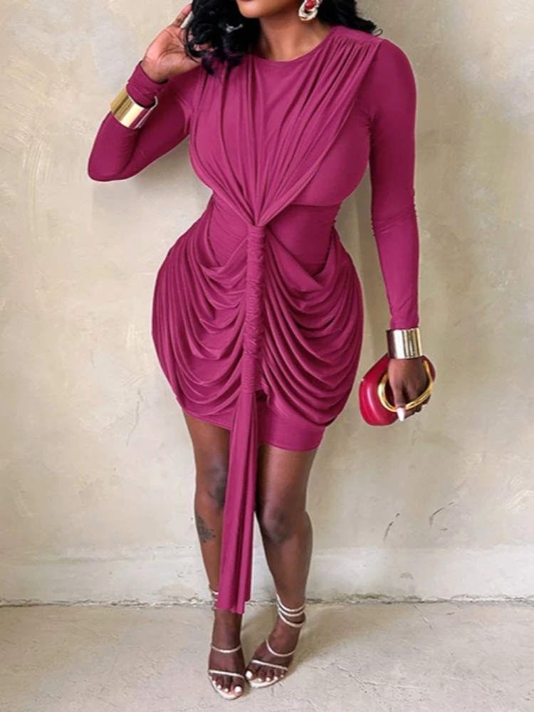 SsTss Sexy Twist Tie Draped Mini Bodycon Dress for Women Solid O Neck Long Sleeve High Waist Ribbon Slim Autumn Party Club Dress