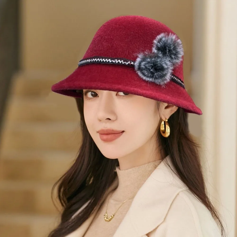 Simple Imitation Fur Topper Hat Plush Ball French Style Fisherman Hat Hepburn Warm Woolen Bucket Hat Funeral