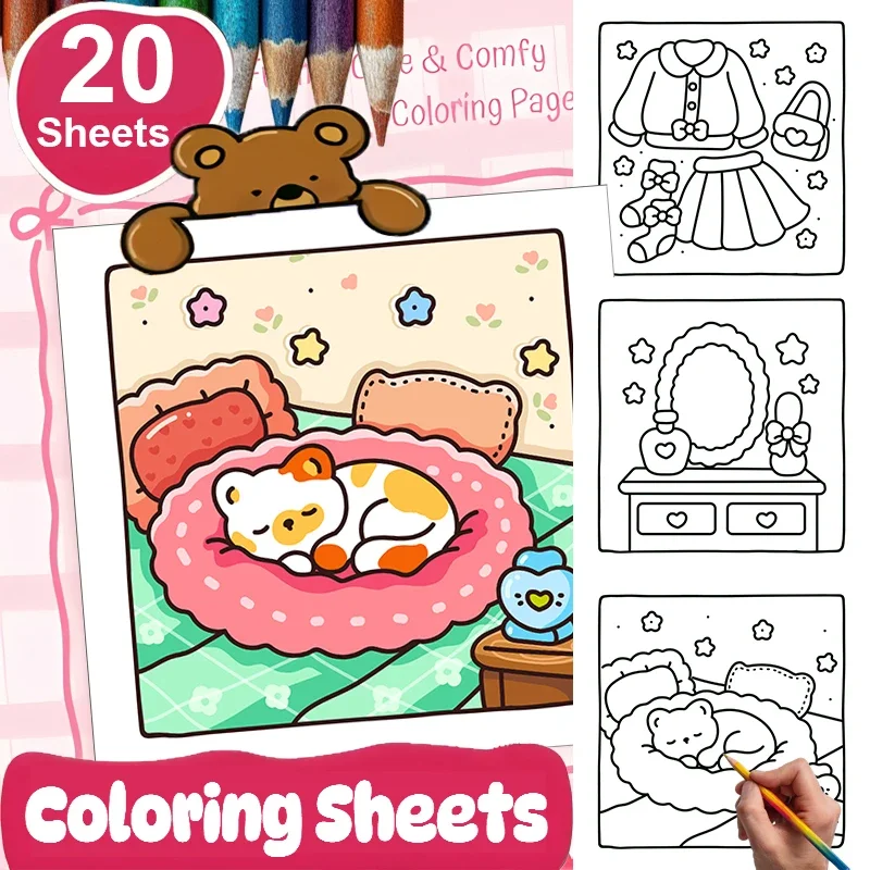 20 Sheets Cozy-Girly Coloring Book Paper Sheets for Adult Stress Relief  | Colouring Paper Sheets for Valentine's Day Gifts