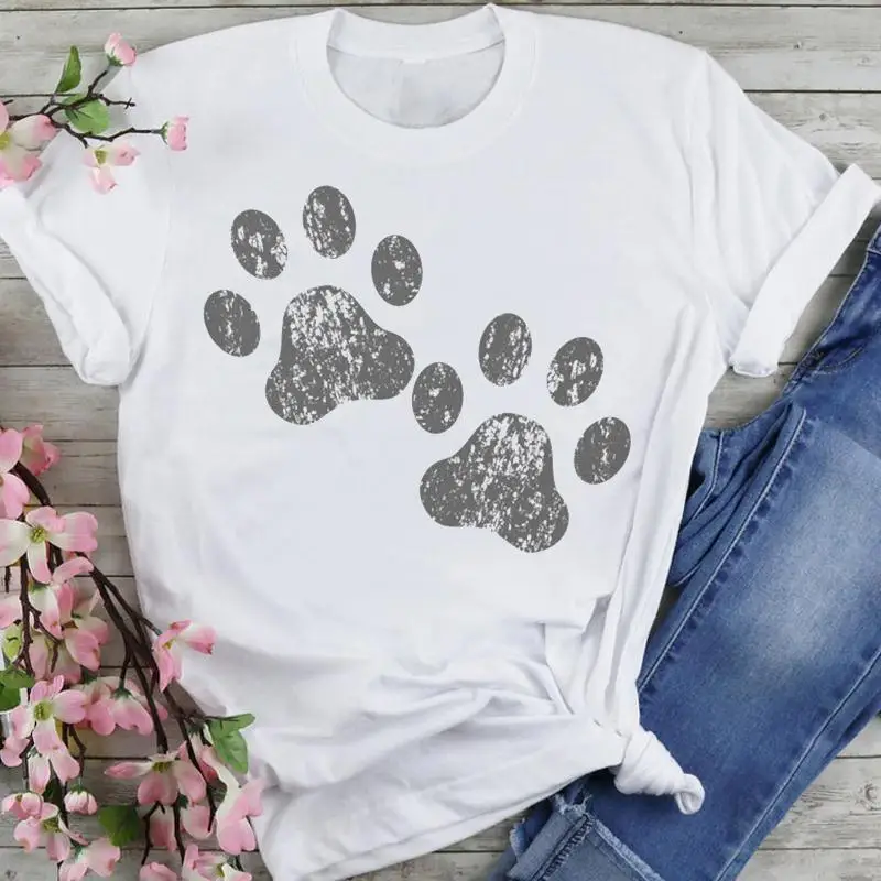 

Women Graphic Beach Vacation Dog Paw Trend Cartoon Summer Fashion Wear Vacation Print Short Sleeve Tops Tees Tshirt T-Shirt