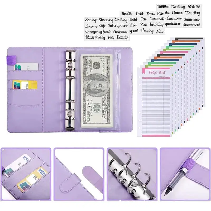 Cash Stuffing Savings Binder Book A6 PU Leather Budget Binder Notebook Cash Envelopes System Set With Binder Pockets