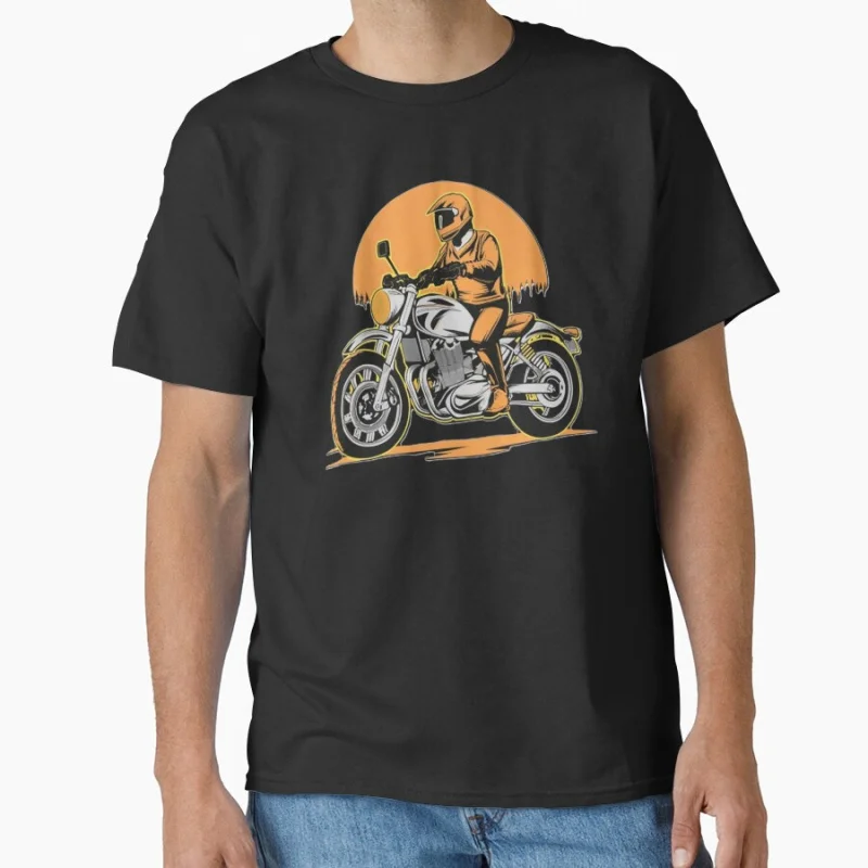 

Motorcyclist against the backdrop of the setting sun Funny road racer gift t shirt for Motocycle lover large size tops S-6XL