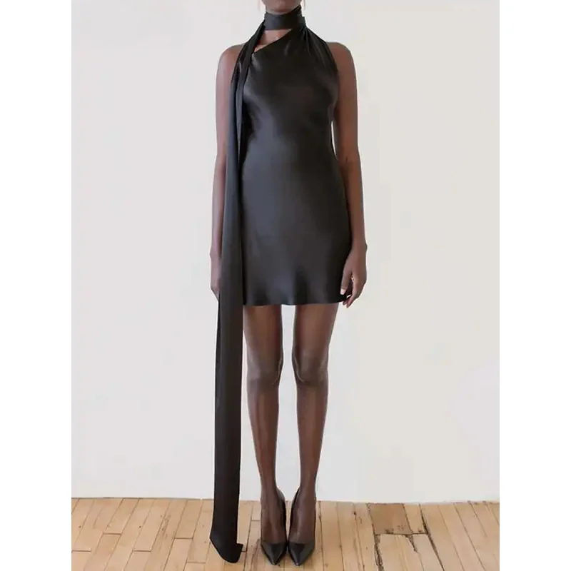 JINIA 2025 Fashion New Sexy Sleeveless Backless Dresses For Women Solid Halter Straight Party Dress Female Tide19J4317