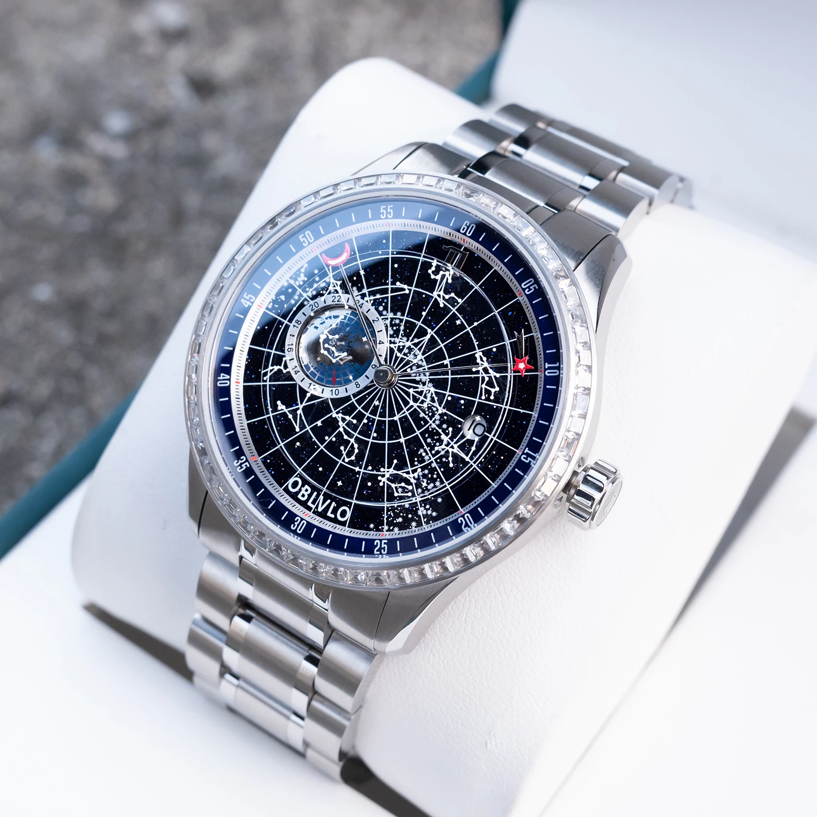 

OBLVLO Men's Elegant Designer Earth Star Mechanical Watch with Diamonds Bezel Blue Dial Automatic Bracelet Band Timepiece GC-D